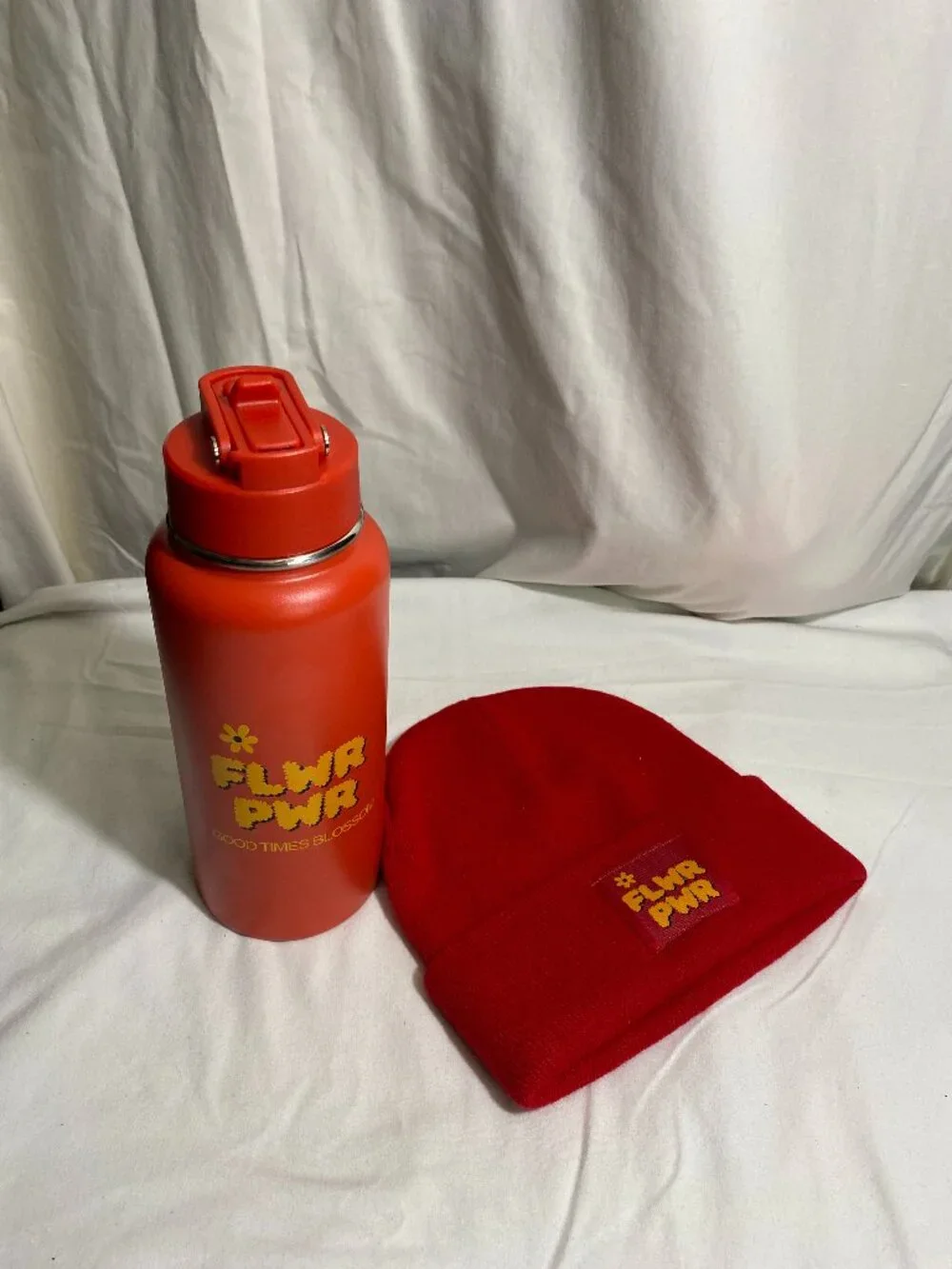 FLWR PWR Red Beanie & Matching Insulated Water Bottle Set Stay Hydrated